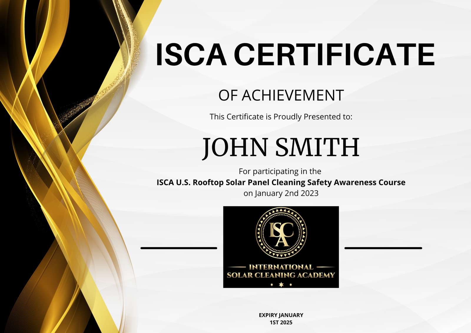 ISCA U.S. Rooftop Safety Awareness Course Completion Certificate