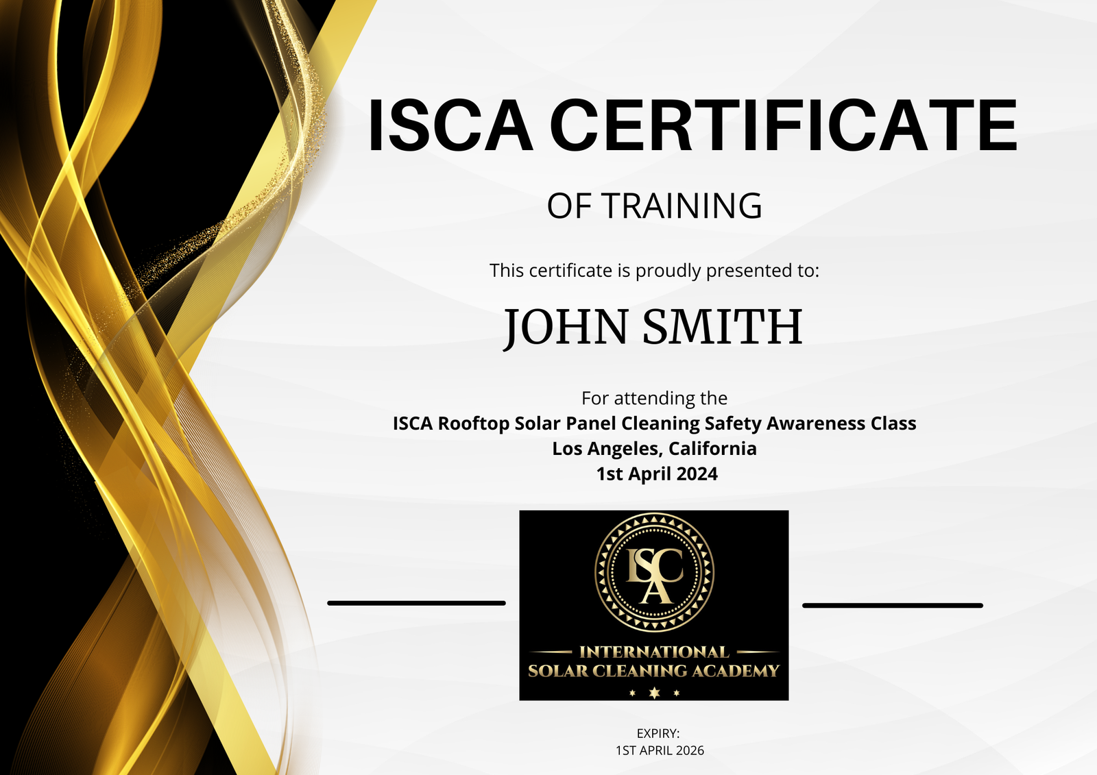 Example ISCA Certificate