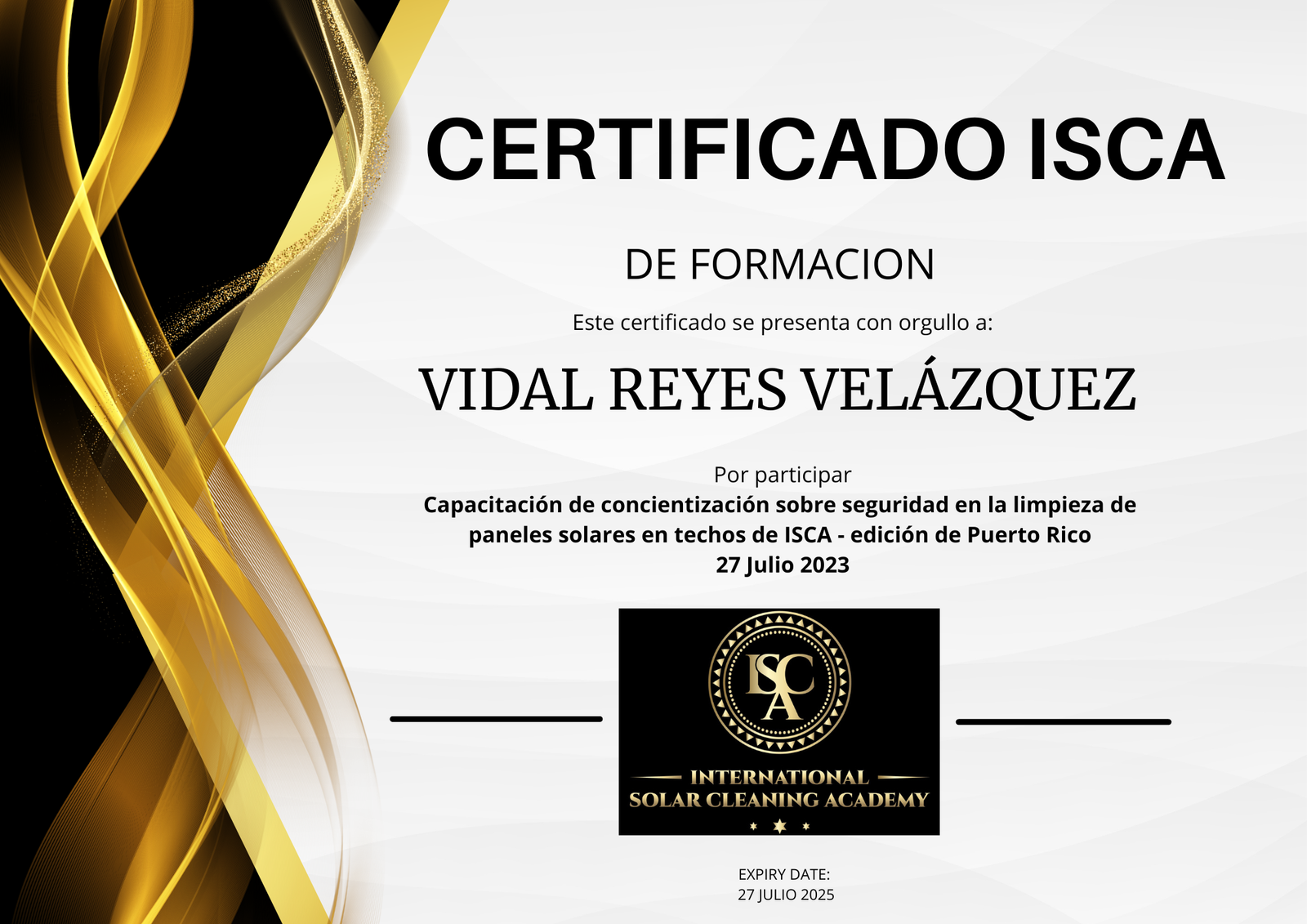 Vidal Reyes Velázquez ISCA Training Certificate